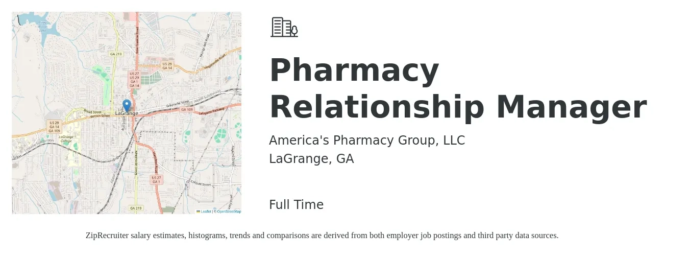 America's Pharmacy Group, LLC job posting for a Pharmacy Relationship Manager in LaGrange, GA with a salary of $50 to $59 Hourly with a map of LaGrange location.