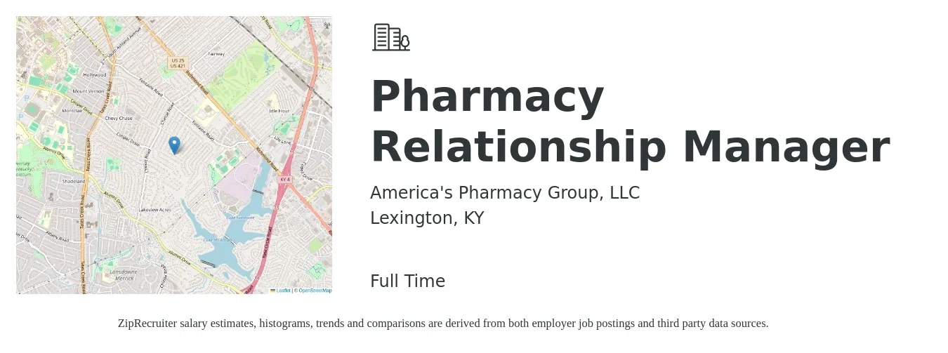 America's Pharmacy Group, LLC job posting for a Pharmacy Relationship Manager in Lexington, KY with a salary of $64 to $76 Hourly with a map of Lexington location.