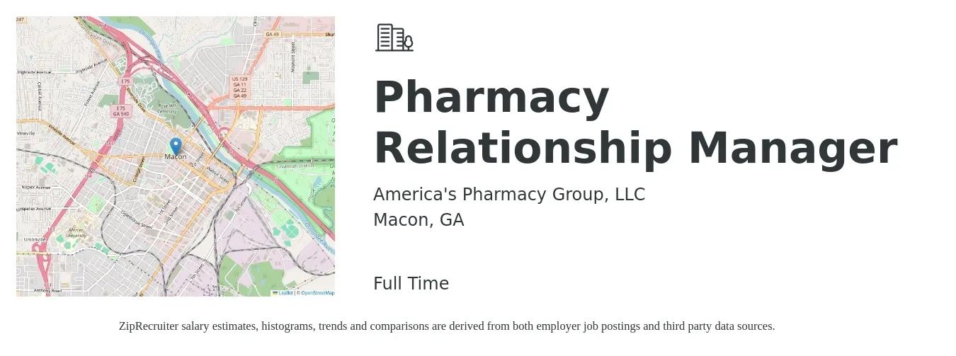 America's Pharmacy Group, LLC job posting for a Pharmacy Relationship Manager in Macon, GA with a salary of $62 to $73 Hourly with a map of Macon location.