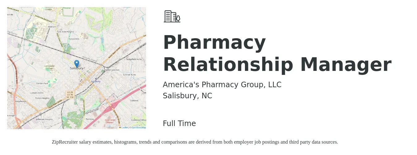 America's Pharmacy Group, LLC job posting for a Pharmacy Relationship Manager in Salisbury, NC with a salary of $58 to $68 Hourly with a map of Salisbury location.