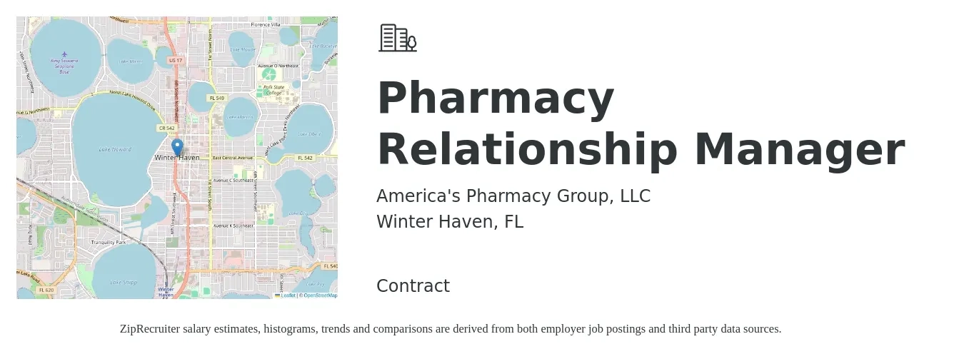 America's Pharmacy Group, LLC job posting for a Pharmacy Relationship Manager in Winter Haven, FL with a salary of $57 to $67 Hourly with a map of Winter Haven location.