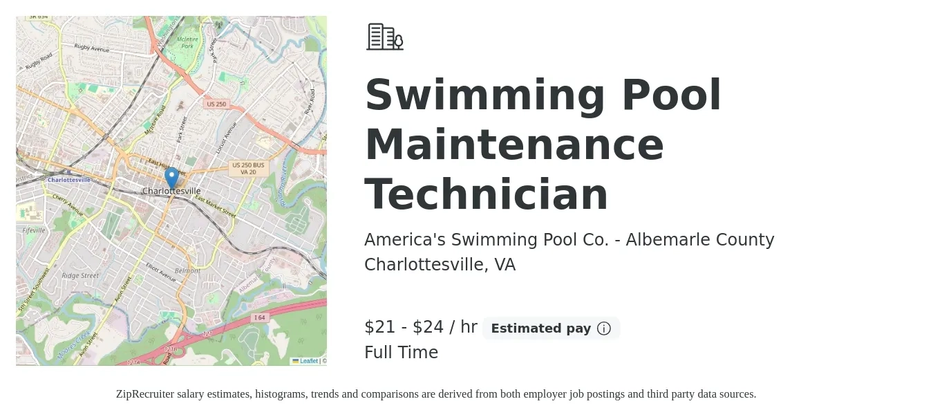 America's Swimming Pool Co. - Albemarle County job posting for a Swimming Pool Maintenance Technician in Charlottesville, VA with a salary of $22 to $25 Hourly with a map of Charlottesville location.