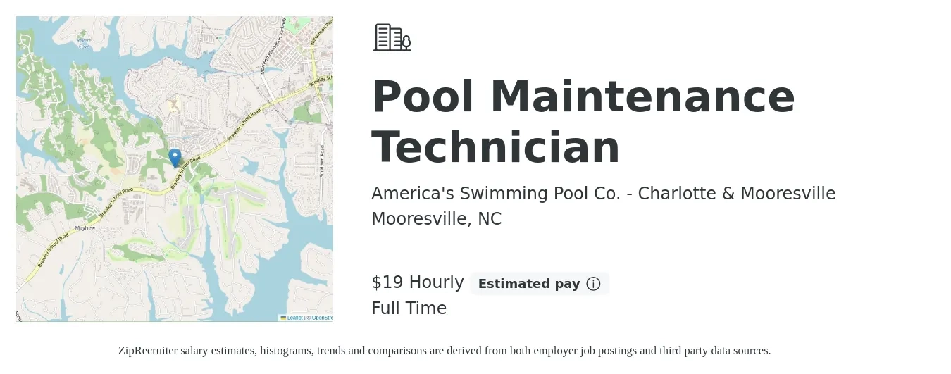 America's Swimming Pool Co. - Charlotte & Mooresville job posting for a Pool Maintenance Technician in Mooresville, NC with a salary of $20 Hourly with a map of Mooresville location.