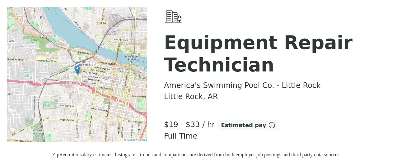 America's Swimming Pool Co. - Little Rock job posting for a Equipment Repair Technician in Little Rock, AR with a salary of $20 to $35 Hourly with a map of Little Rock location.