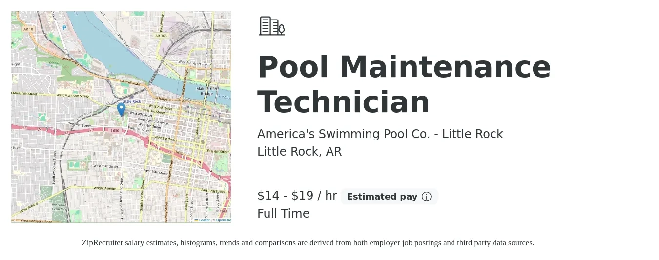 America's Swimming Pool Co. - Little Rock job posting for a Pool Maintenance Technician in Little Rock, AR with a salary of $15 to $20 Hourly with a map of Little Rock location.