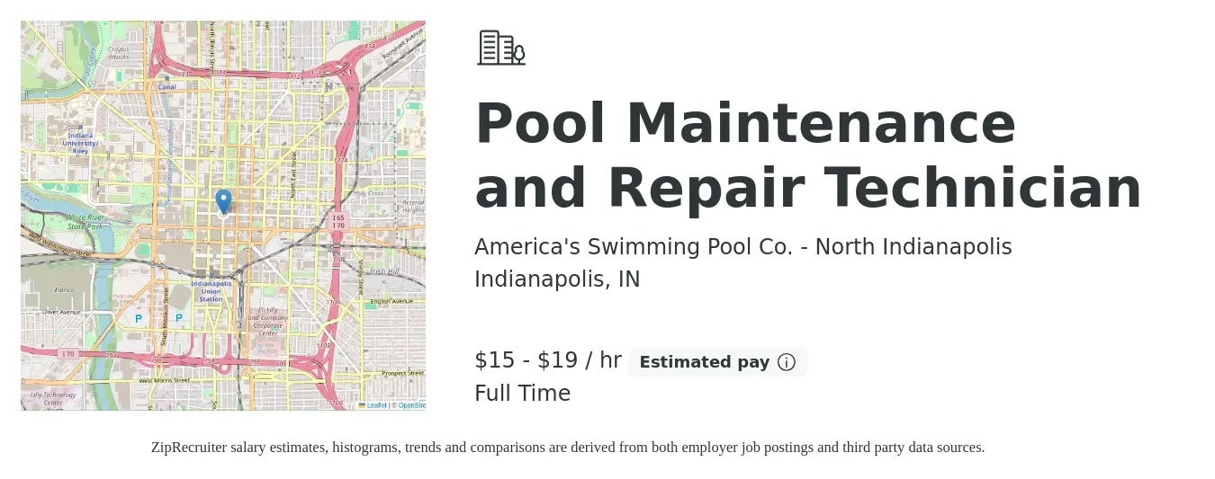 America's Swimming Pool Co. - North Indianapolis job posting for a Pool Maintenance and Repair Technician in Indianapolis, IN with a salary of $16 to $20 Hourly with a map of Indianapolis location.
