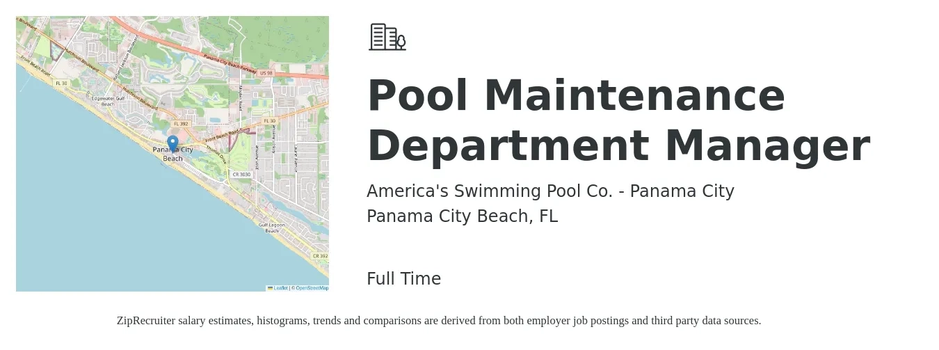 America's Swimming Pool Co. - Panama City job posting for a Pool Maintenance Department Manager in Panama City Beach, FL with a salary of $14 to $21 Hourly with a map of Panama City Beach location.