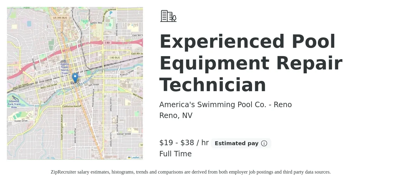 America's Swimming Pool Co. - Reno job posting for a Experienced Pool Equipment Repair Technician in Reno, NV with a salary of $20 to $40 Hourly with a map of Reno location.