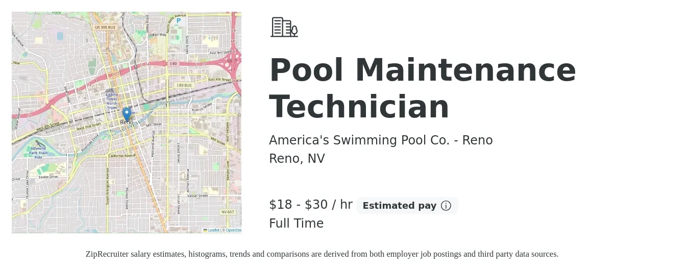 America's Swimming Pool Co. - Reno job posting for a Pool Maintenance Technician in Reno, NV with a salary of $19 to $32 Hourly with a map of Reno location.