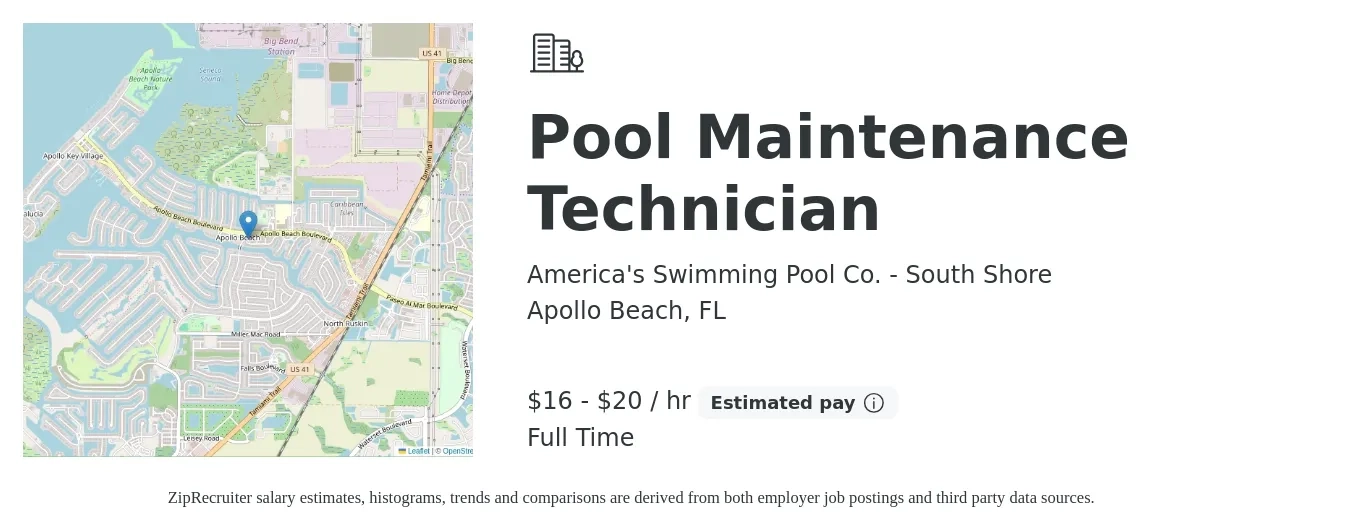 America's Swimming Pool Co. - South Shore job posting for a Pool Maintenance Technician in Apollo Beach, FL with a salary of $17 to $21 Hourly with a map of Apollo Beach location.