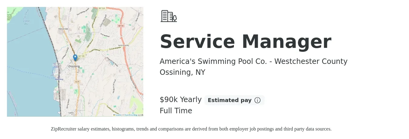 America's Swimming Pool Co. - Westchester County job posting for a Service Manager in Ossining, NY with a salary of $90,000 Yearly with a map of Ossining location.