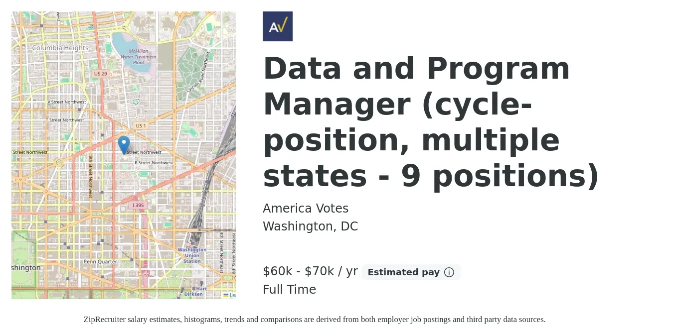 America Votes job posting for a Data and Program Manager (cycle-position, multiple states - 9 positions) in Washington, DC with a salary of $60,000 to $70,000 Yearly with a map of Washington location.