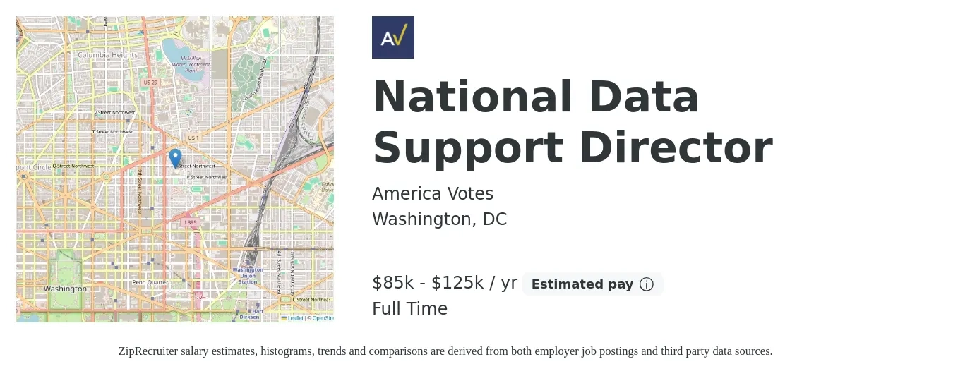 America Votes job posting for a National Data Support Director in Washington, DC with a salary of $85,000 to $104,000 Yearly with a map of Washington location.