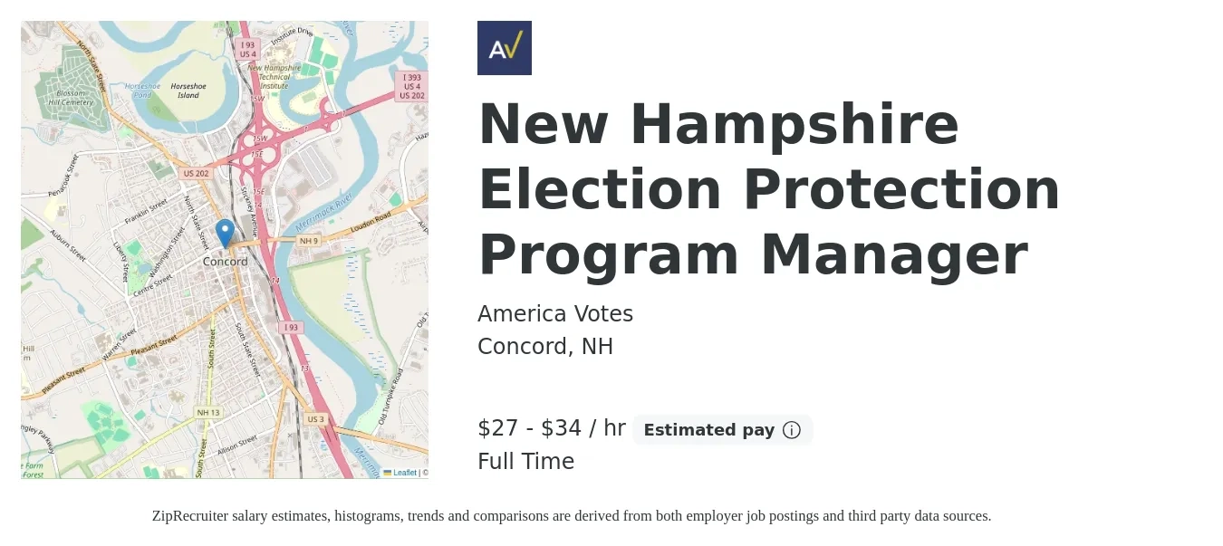 America Votes job posting for a New Hampshire Election Protection Program Manager in Concord, NH with a salary of $60,000 to $75,000 Yearly with a map of Concord location.