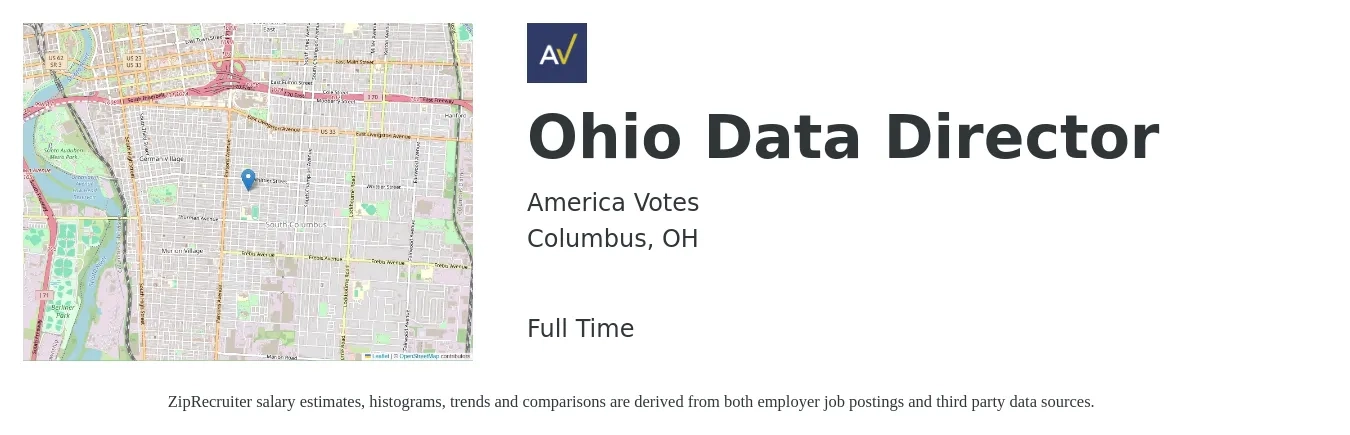 America Votes job posting for a Ohio Data Director in Columbus, OH with a salary of $90,800 to $158,000 Yearly with a map of Columbus location.