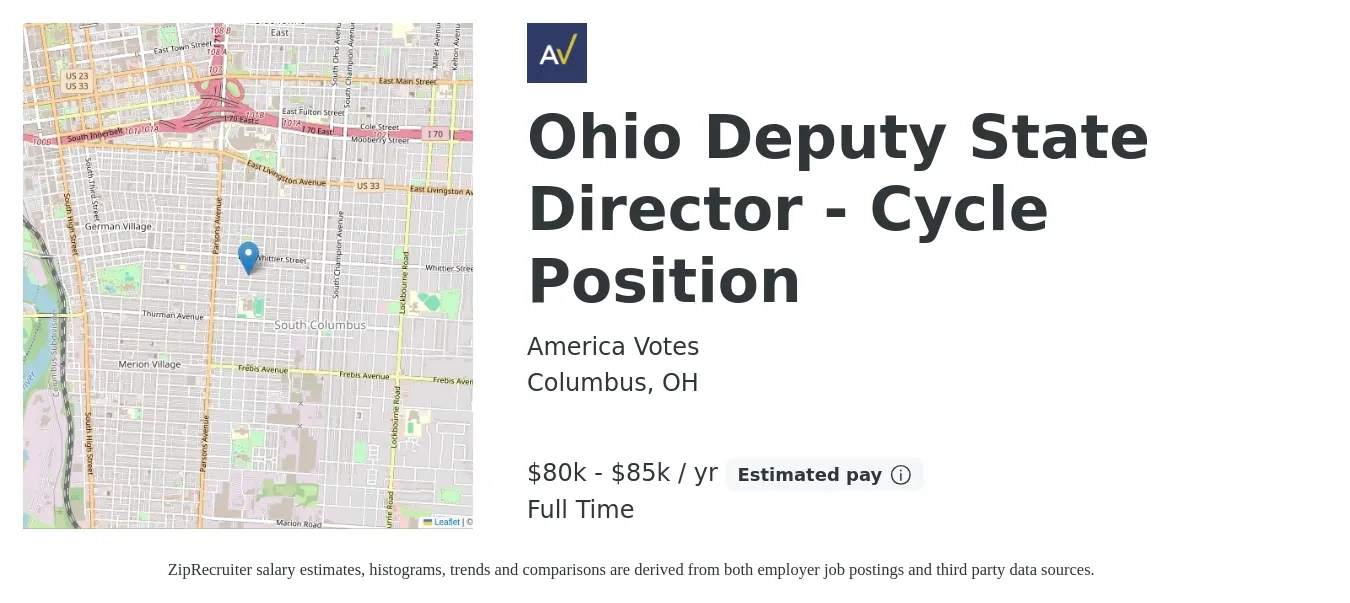 America Votes job posting for a Ohio Deputy State Director - Cycle Position in Columbus, OH with a salary of $80,000 to $85,000 Yearly with a map of Columbus location.