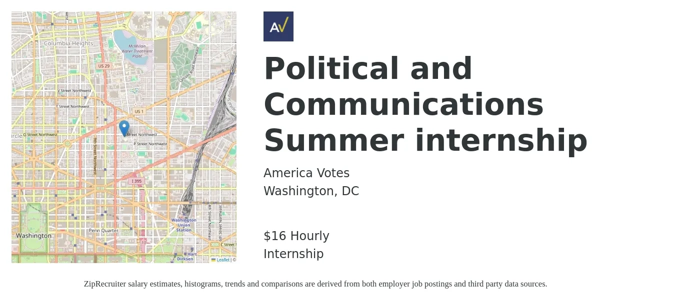 America Votes job posting for a Political and Communications Summer internship in Washington, DC with a salary of $17 Hourly with a map of Washington location.