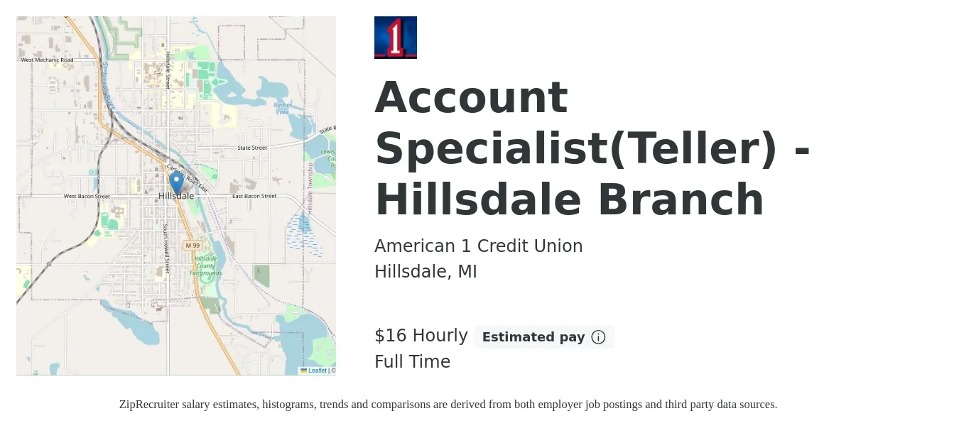 American 1 Credit Union job posting for a Account Specialist(Teller) - Hillsdale Branch in Hillsdale, MI with a salary of $17 Hourly with a map of Hillsdale location.