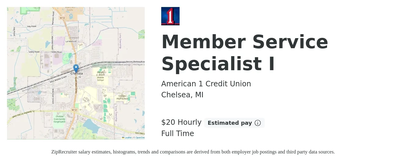 American 1 Credit Union job posting for a Member Service Specialist I in Chelsea, MI with a salary of $21 Hourly with a map of Chelsea location.
