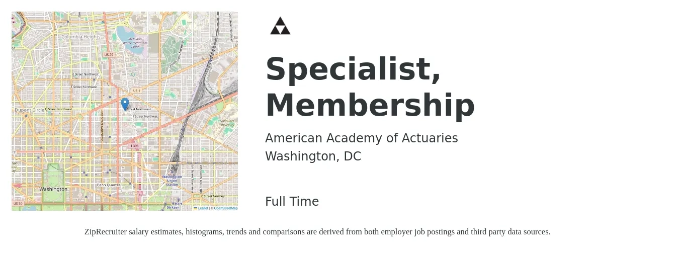 American Academy of Actuaries job posting for a Specialist, Membership in Washington, DC with a salary of $19 to $24 Hourly with a map of Washington location.