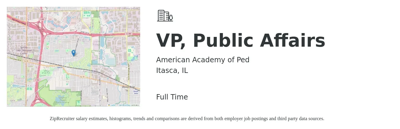 American Academy of Ped job posting for a VP, Public Affairs in Itasca, IL with a salary of $101,700 to $158,700 Yearly with a map of Itasca location.