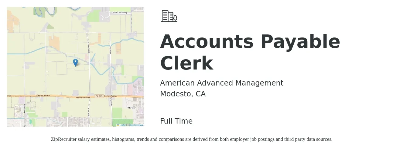 American Advanced Management job posting for a Accounts Payable Clerk in Modesto, CA with a salary of $17 to $22 Hourly with a map of Modesto location.