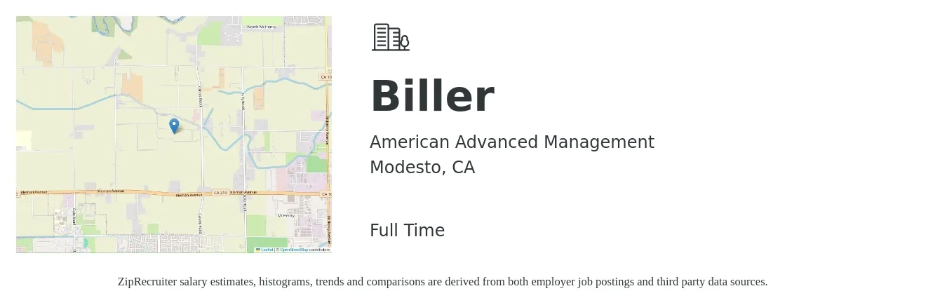 American Advanced Management job posting for a Biller in Modesto, CA with a salary of $17 to $25 Hourly with a map of Modesto location.