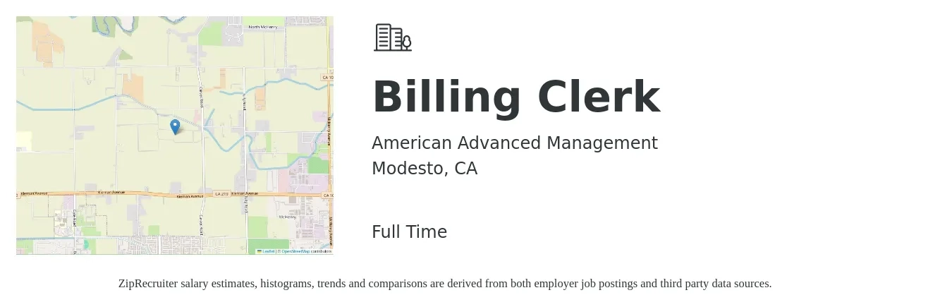 American Advanced Management job posting for a Billing Clerk in Modesto, CA with a salary of $17 to $25 Hourly with a map of Modesto location.