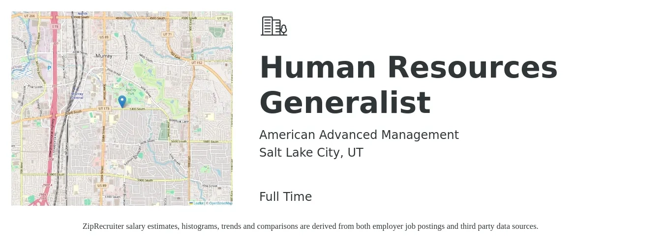 American Advanced Management job posting for a Human Resources Generalist in Salt Lake City, UT with a salary of $26 to $33 Hourly with a map of Salt Lake City location.