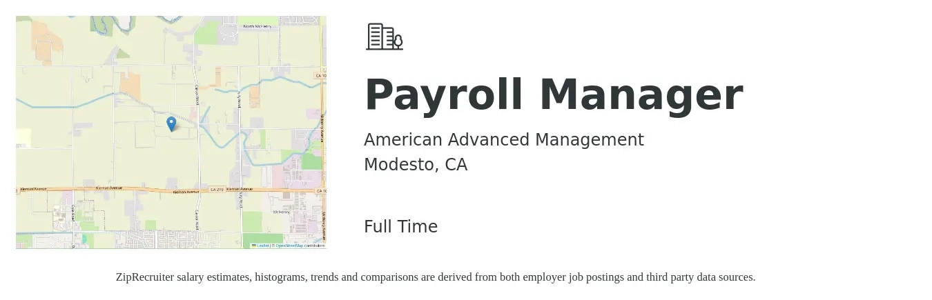 American Advanced Management job posting for a Payroll Manager in Modesto, CA with a salary of $35 to $40 Hourly with a map of Modesto location.
