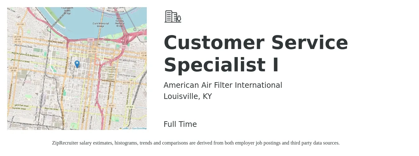 American Air Filter International job posting for a Customer Service Specialist I in Louisville, KY with a salary of $16 to $20 Hourly with a map of Louisville location.