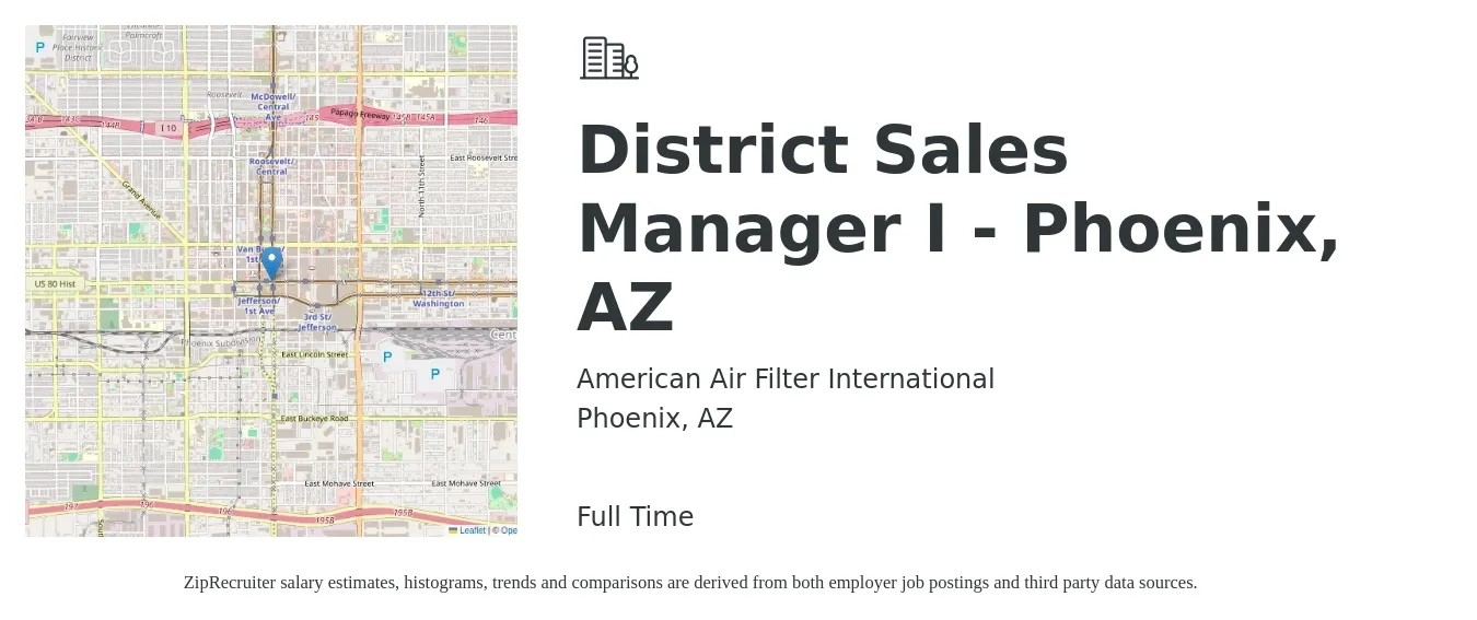 American Air Filter International job posting for a District Sales Manager I - Phoenix, AZ in Phoenix, AZ with a salary of $63,000 to $96,500 Yearly with a map of Phoenix location.