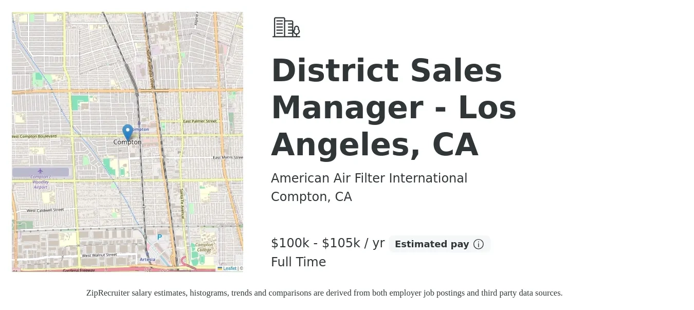 American Air Filter International job posting for a District Sales Manager - Los Angeles, CA in Compton, CA with a salary of $100,000 to $105,000 Yearly with a map of Compton location.
