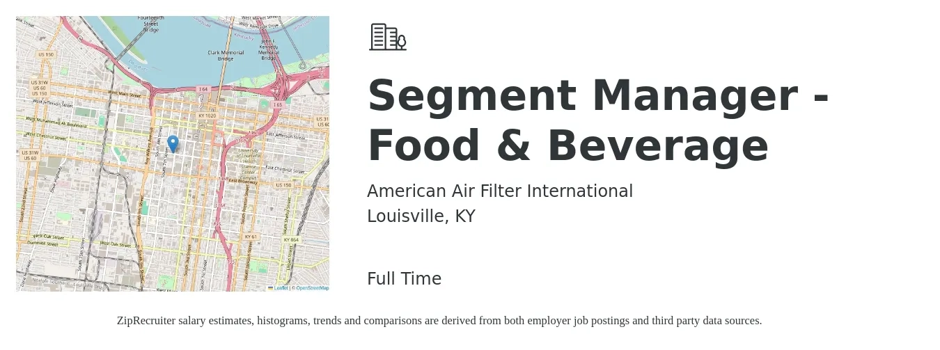 American Air Filter International job posting for a Segment Manager - Food & Beverage in Louisville, KY with a salary of $40,200 to $65,000 Yearly with a map of Louisville location.