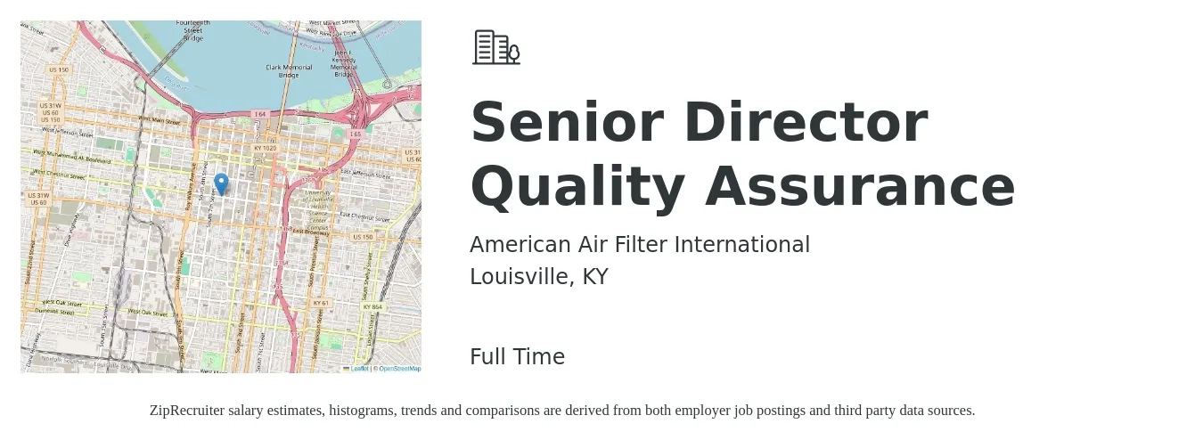 American Air Filter International job posting for a Senior Director Quality Assurance in Louisville, KY with a salary of $94,200 to $154,600 Yearly with a map of Louisville location.