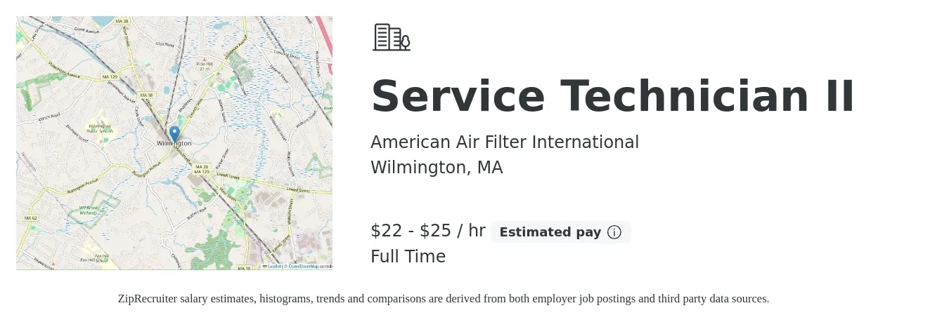 American Air Filter International job posting for a Service Technician II in Wilmington, MA with a salary of $24 to $26 Hourly with a map of Wilmington location.
