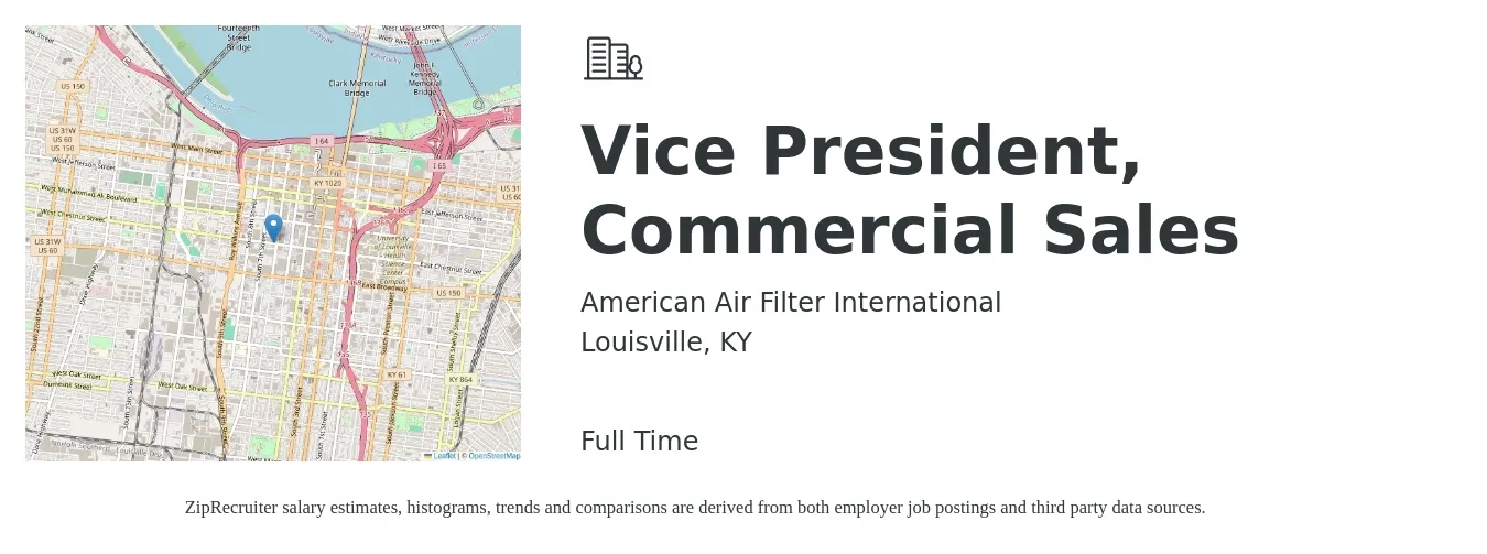 American Air Filter International job posting for a Vice President, Commercial Sales in Louisville, KY with a salary of $119,500 to $186,500 Yearly with a map of Louisville location.