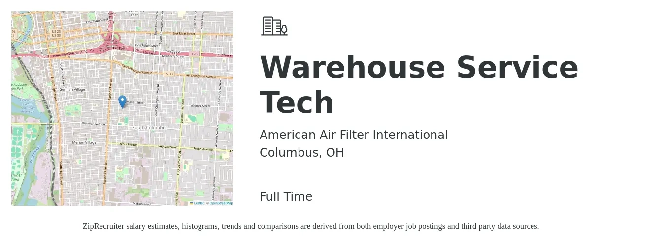 American Air Filter International job posting for a Warehouse Service Tech in Columbus, OH with a salary of $16 to $20 Hourly with a map of Columbus location.