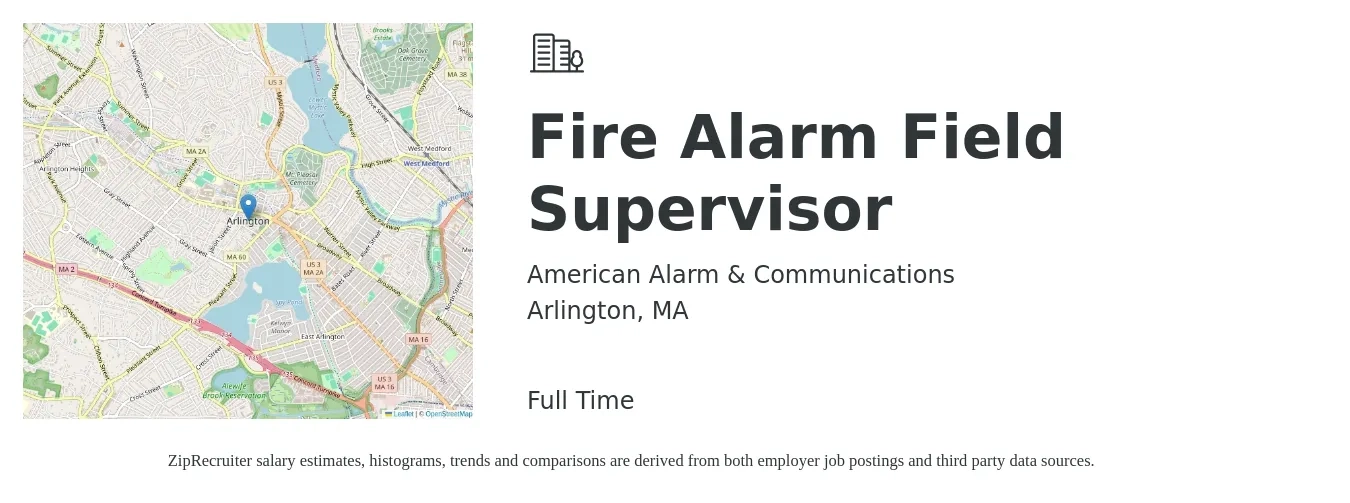 American Alarm & Communications job posting for a Fire Alarm Field Supervisor in Arlington, MA with a salary of $25 to $43 Hourly with a map of Arlington location.