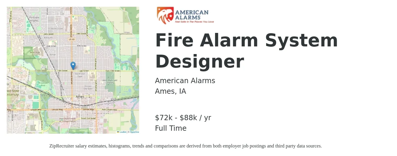 American Alarms job posting for a Fire Alarm System Designer in Ames, IA with a salary of $72,000 to $88,000 Yearly with a map of Ames location.