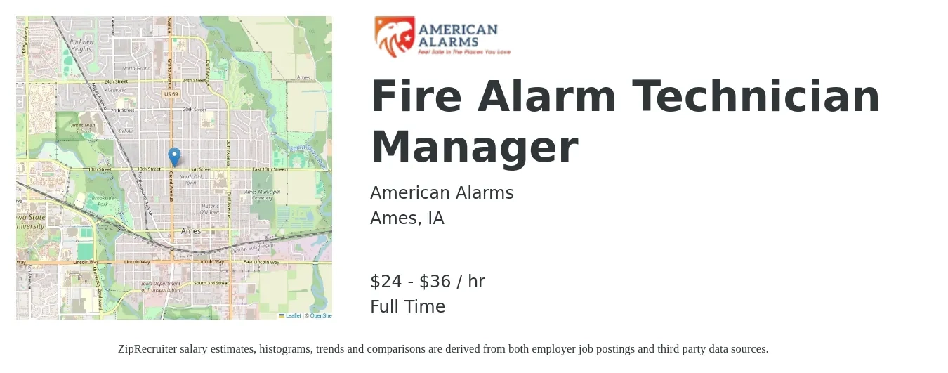American Alarms job posting for a Fire Alarm Technician Manager in Ames, IA with a salary of $25 to $38 Hourly with a map of Ames location.