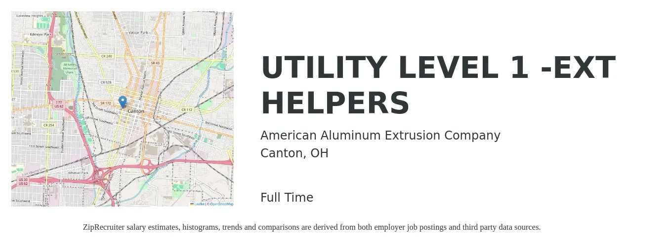 American Aluminum Extrusion Company job posting for a UTILITY LEVEL 1 -EXT HELPERS in Canton, OH with a salary of $13 to $20 Hourly with a map of Canton location.