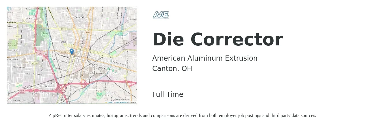 American Aluminum Extrusion job posting for a Die Corrector in Canton, OH with a salary of $16 to $20 Hourly with a map of Canton location.