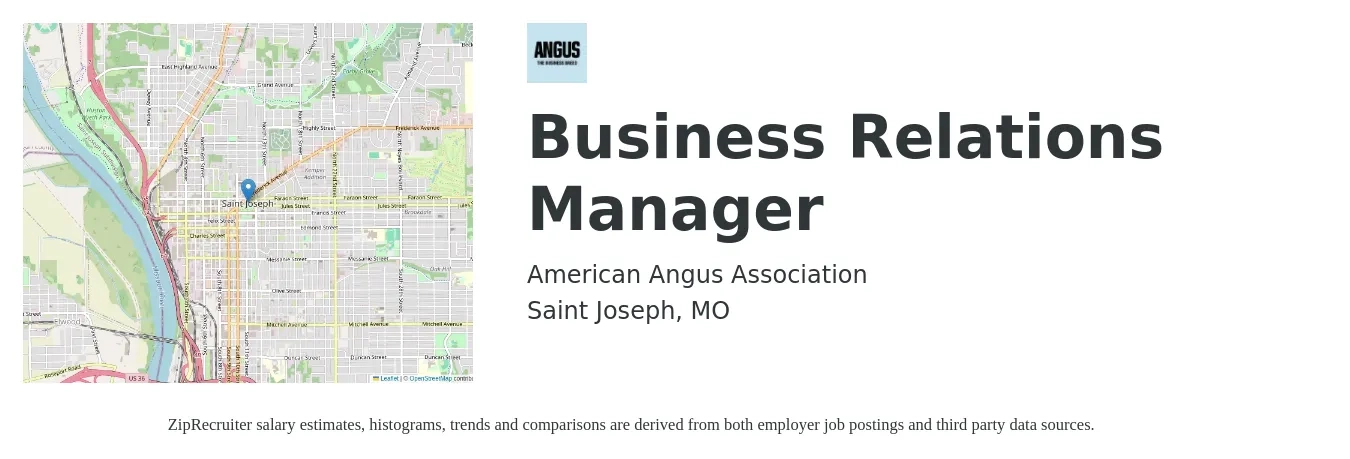 American Angus Association job posting for a Business Relations Manager in Saint Joseph, MO with a salary of $66,200 to $128,000 Yearly with a map of Saint Joseph location.