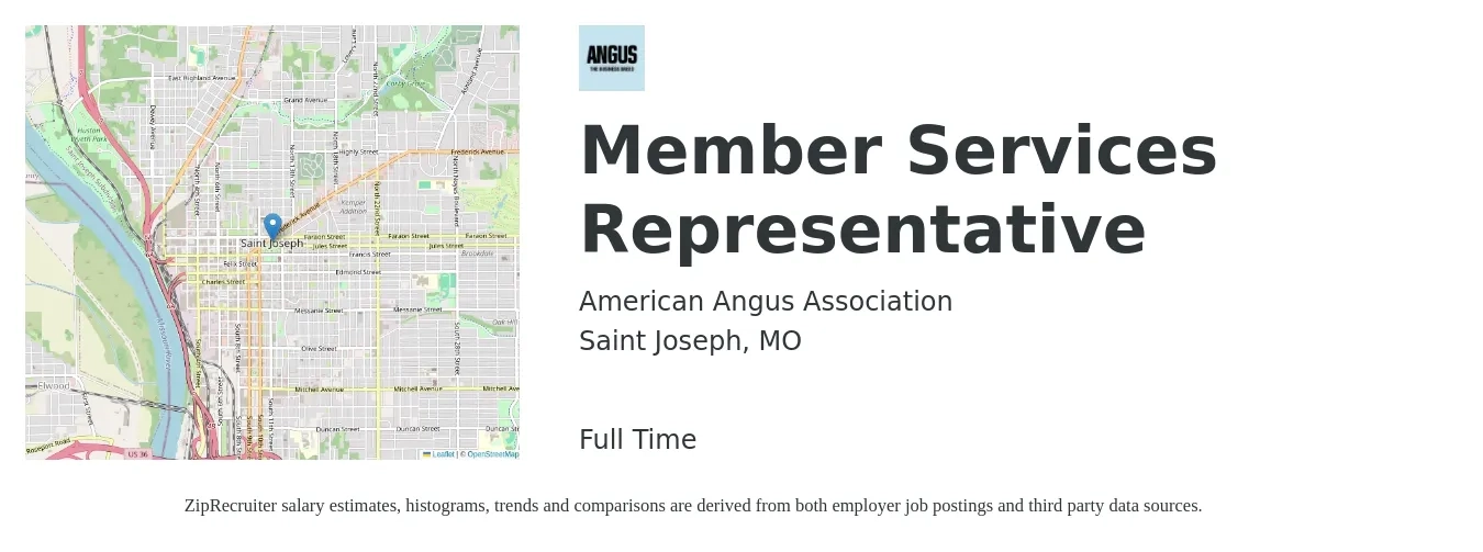American Angus Association job posting for a Member Services Representative in Saint Joseph, MO with a salary of $12 to $19 Hourly with a map of Saint Joseph location.