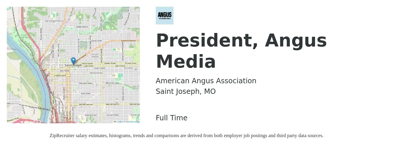 American Angus Association job posting for a President, Angus Media in Saint Joseph, MO with a salary of $87,000 to $130,000 Yearly with a map of Saint Joseph location.