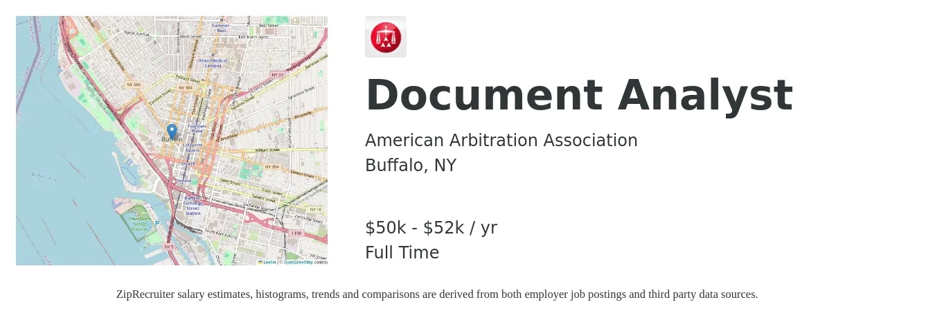 American Arbitration Association Inc. job posting for a Document Analyst in Buffalo, NY with a salary of $50,000 to $52,500 Yearly with a map of Buffalo location.