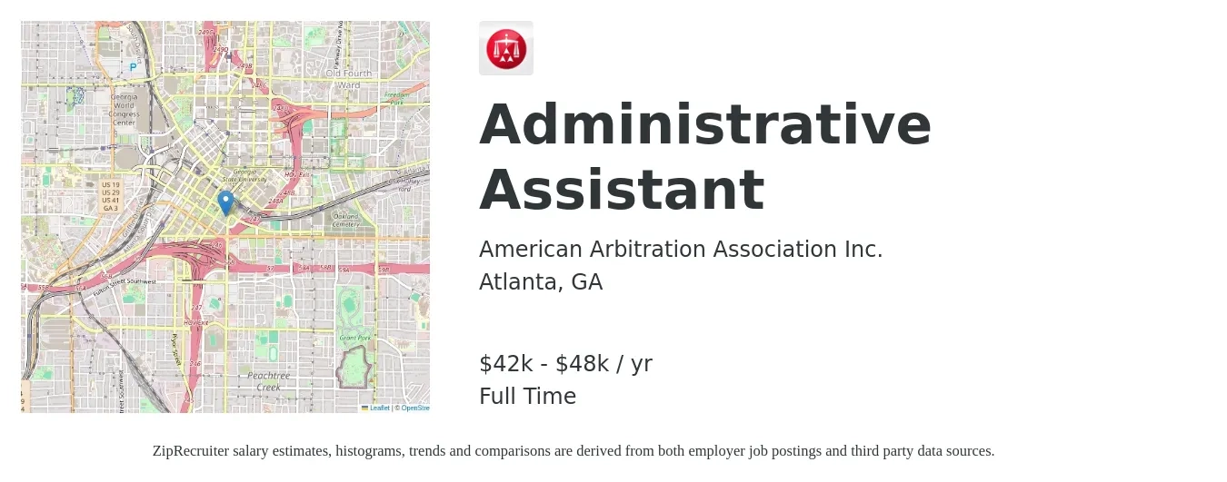 American Arbitration Association Inc. job posting for a Administrative Assistant in Atlanta, GA with a salary of $42,000 to $48,000 Yearly with a map of Atlanta location.