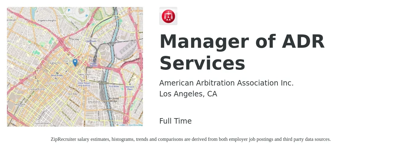 American Arbitration Association Inc. job posting for a Manager of ADR Services in Los Angeles, CA with a map of Los Angeles location.