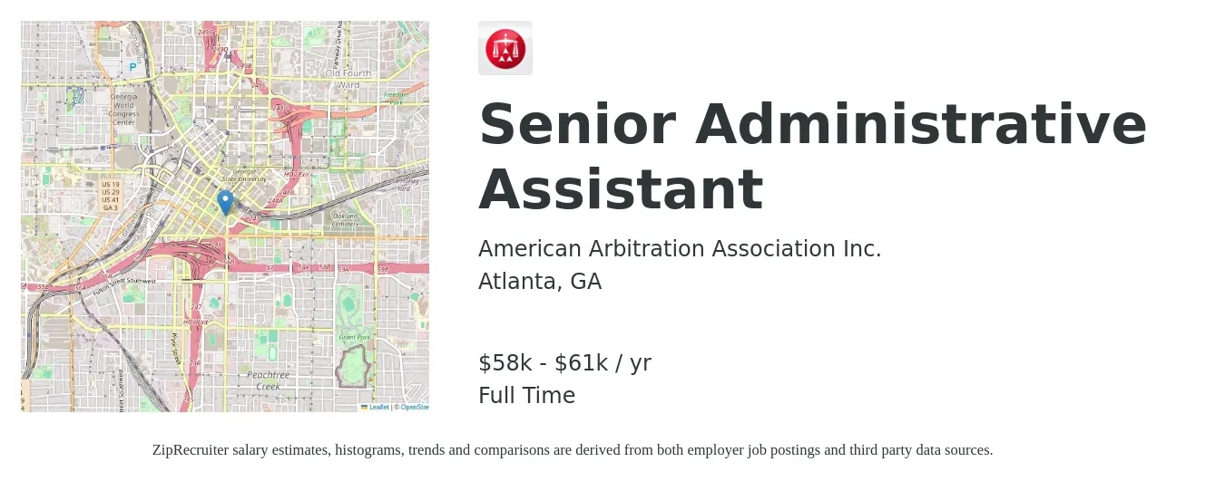 American Arbitration Association Inc. job posting for a Senior Administrative Assistant in Atlanta, GA with a salary of $58,000 to $61,000 Yearly with a map of Atlanta location.